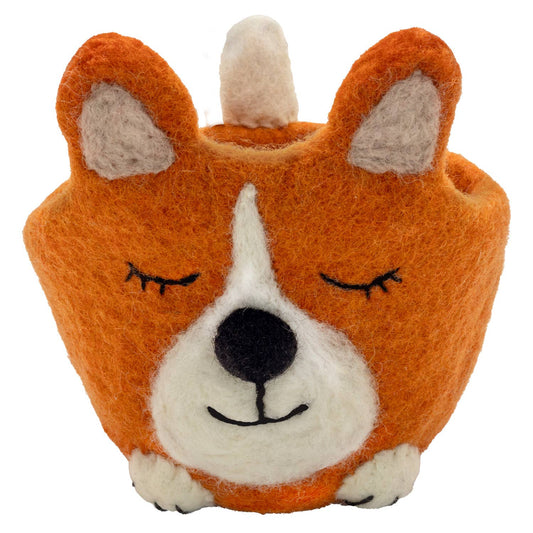 ORANGE AND WHITE Corgi Felt Planter Pot dZi Handmade