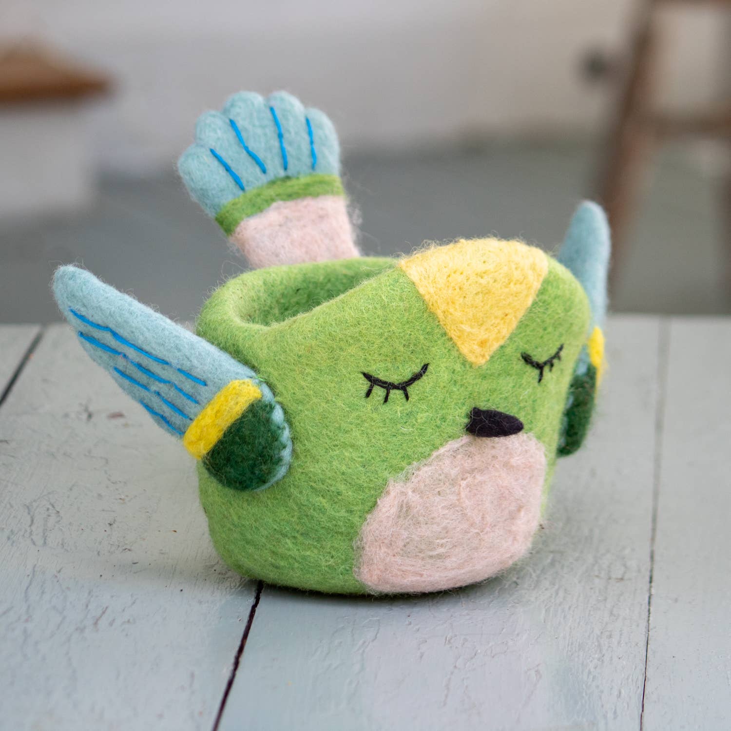 Green Hummingbird Felt Plant Pot dZi Handmade