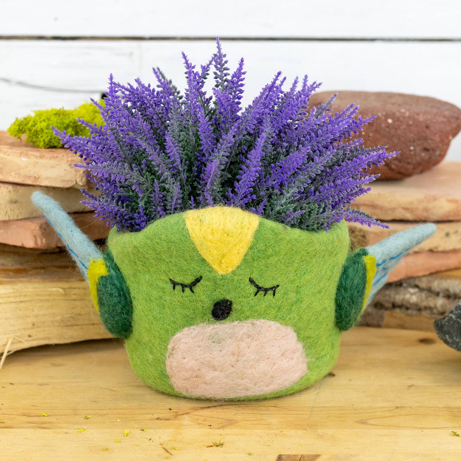 Green Hummingbird Felt Plant Pot dZi Handmade