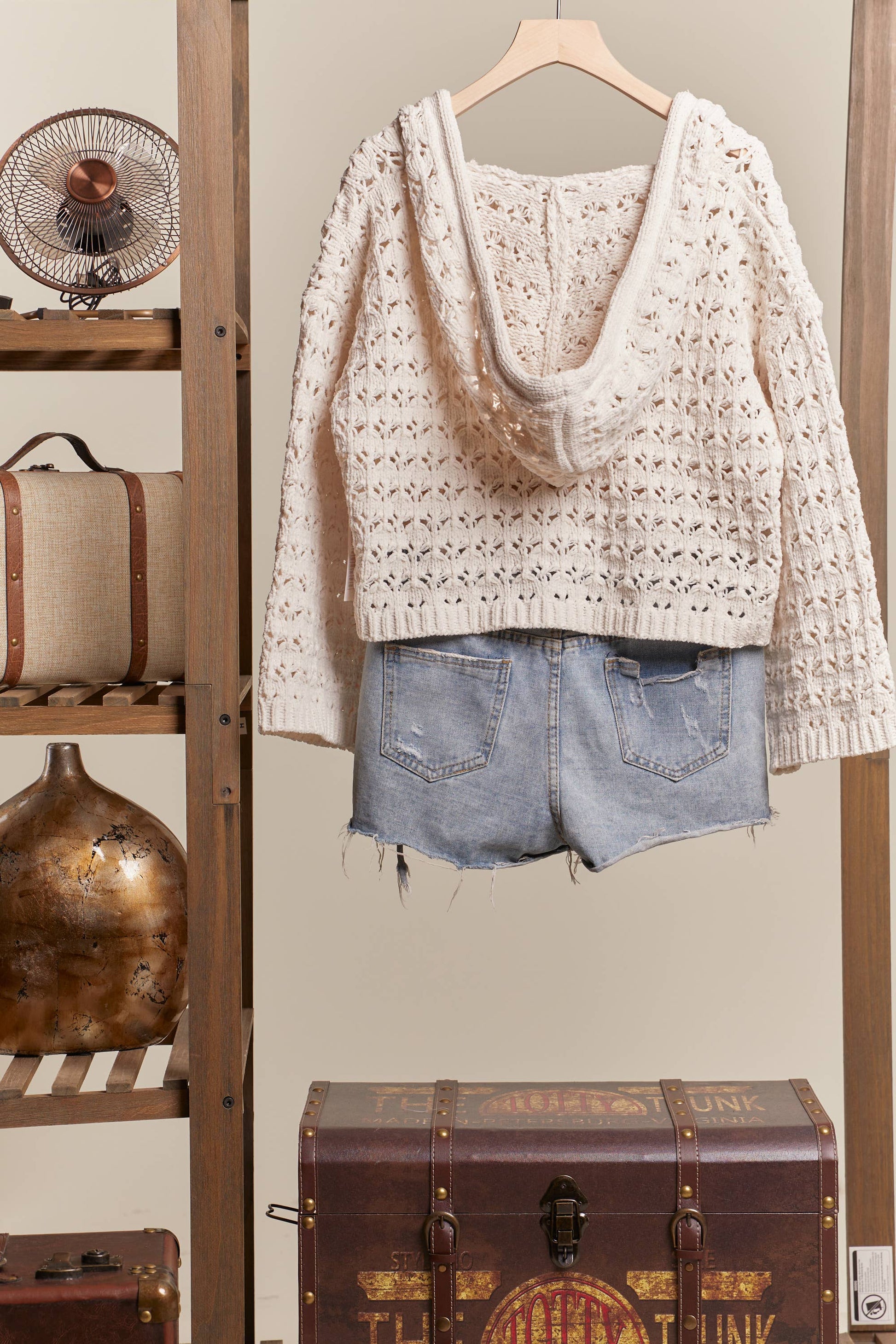 Boat Neck Hooded Crochet Bolero Sweater: Ivory / L Mello.