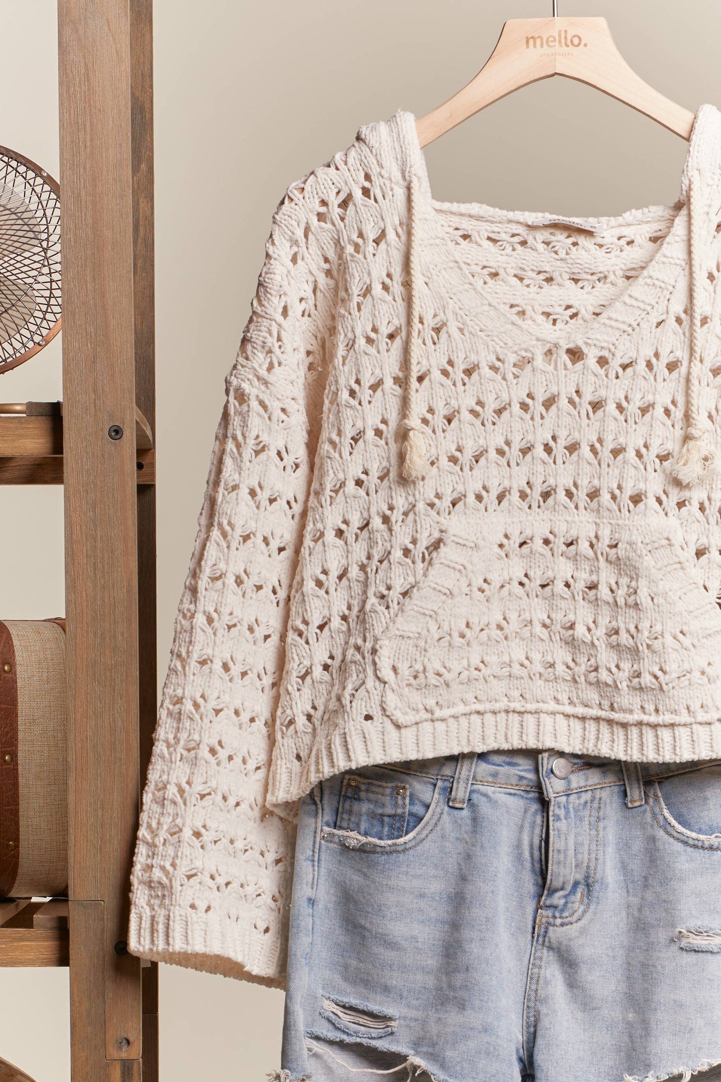 Boat Neck Hooded Crochet Bolero Sweater: Ivory / L Mello.