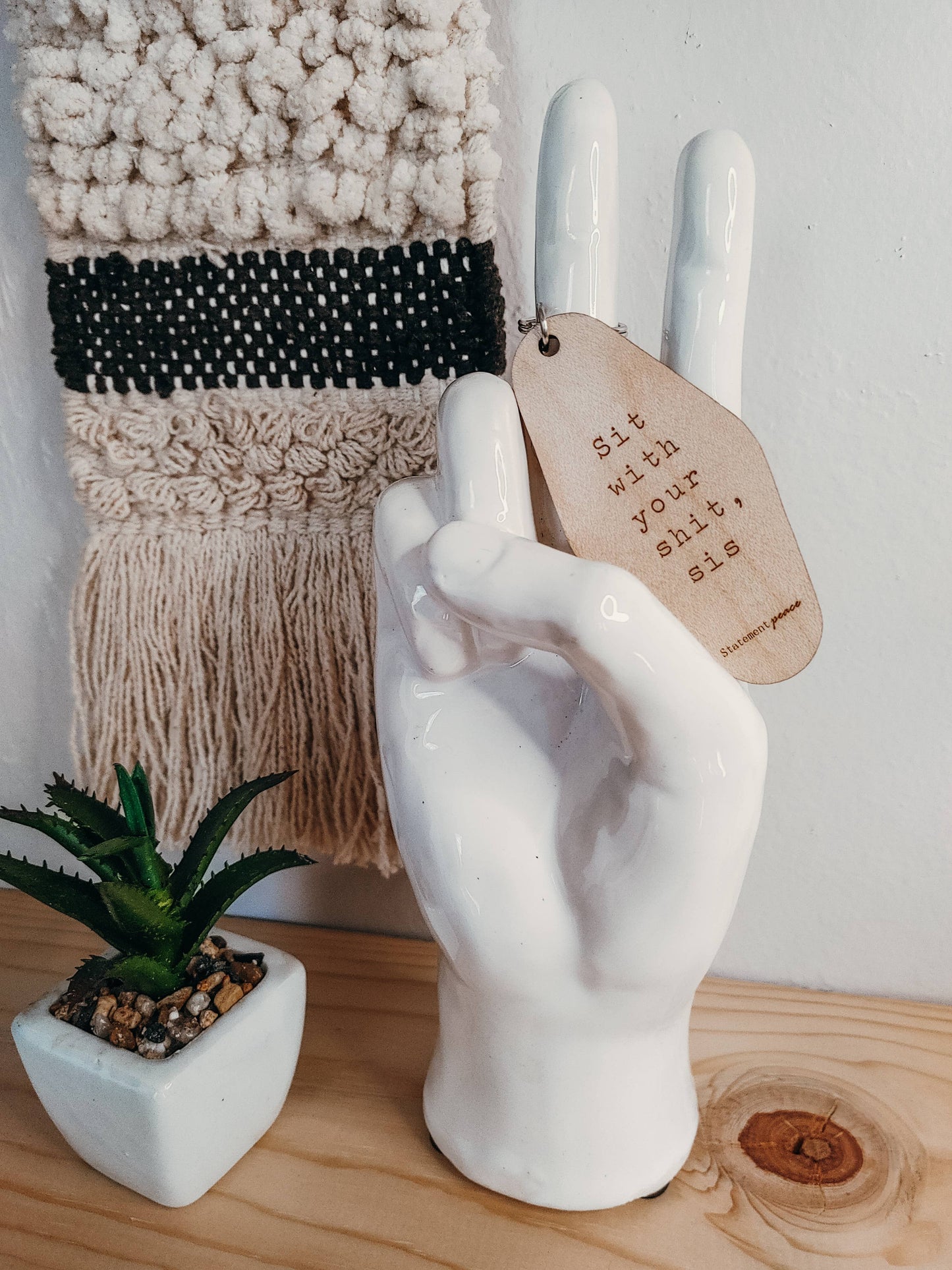 Wooden Retro Hotel Keychain Sit with it Keychain Statement Peace