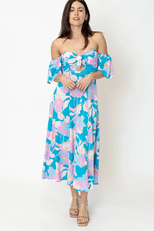 Flattering Off Shoulder Floral Print Midi Dress Blue Pink Purple Cool Tones Rayon En Crème