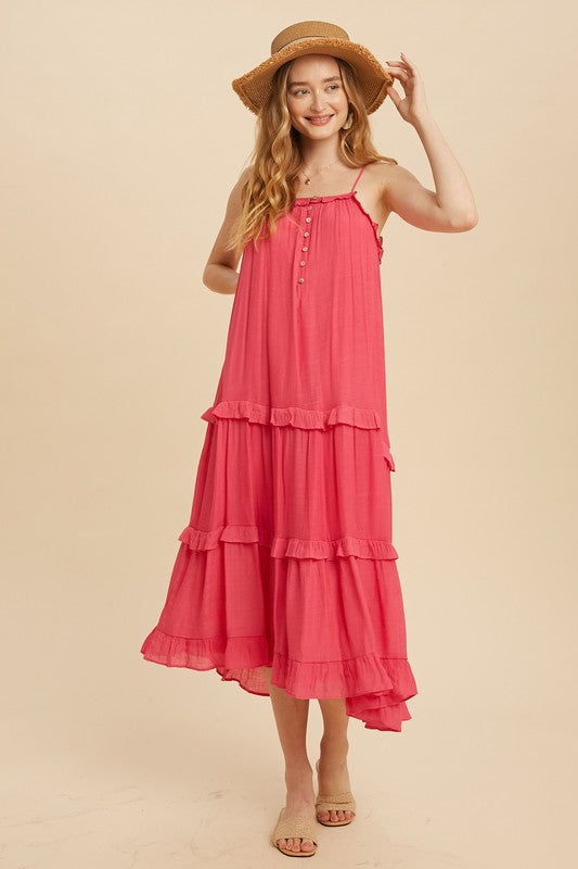 Hot Pink Tiered Boho Dress With Skirt Ruffles shopedithchloe