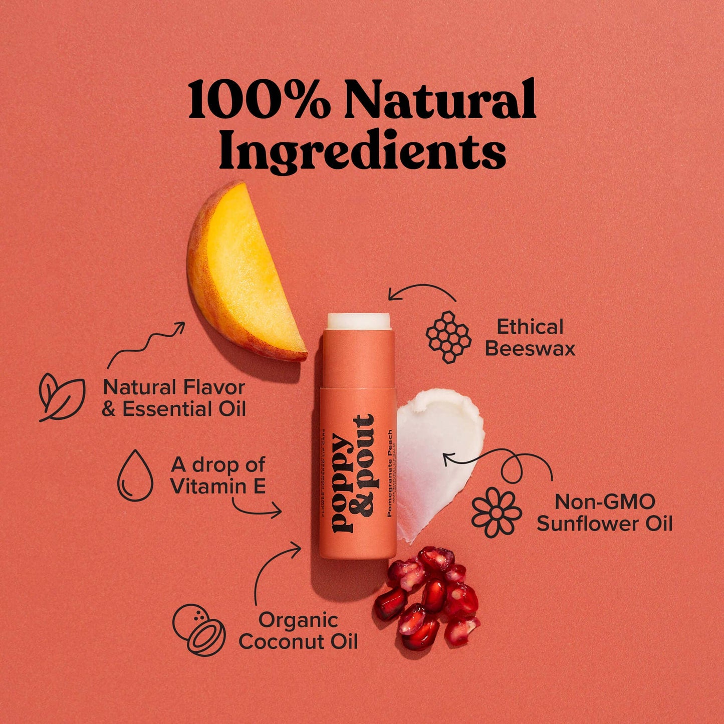 Poppy and Pout Lip Balm, Pomegranate Peach Flavor