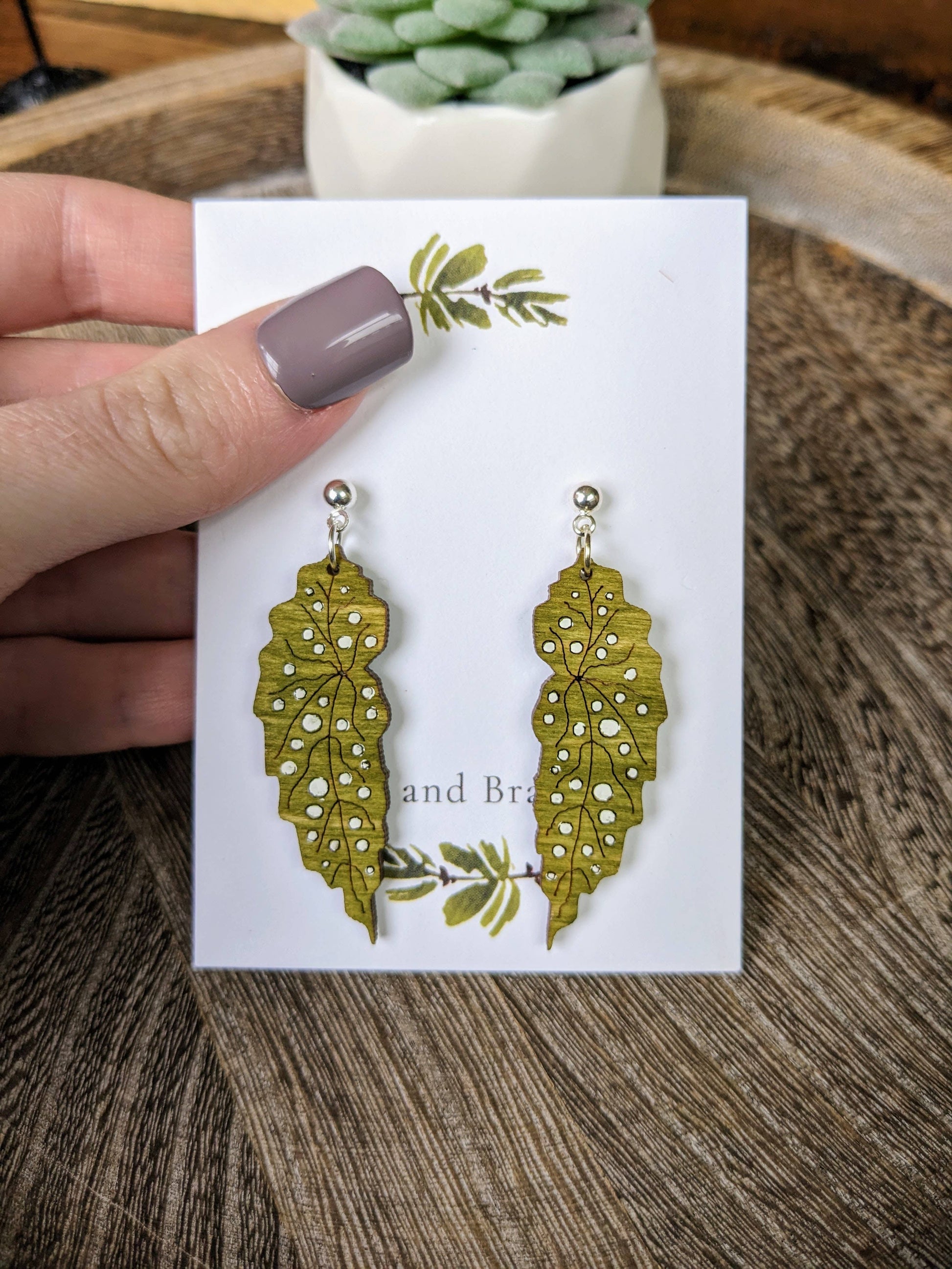 Begonia Maculata Leaf Wood Earring | Wooden Leaf Dangle Earr: Silver Stag and Branch