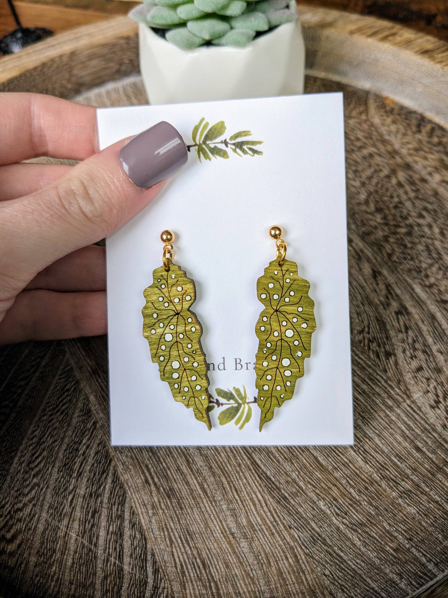 Begonia Maculata Leaf Wood Earring | Wooden Leaf Dangle Earr: Silver Stag and Branch