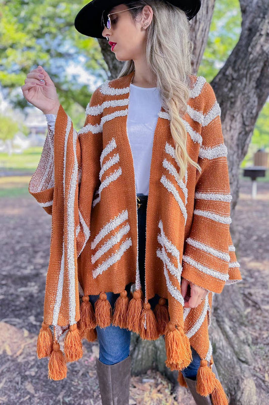 Caramel Western Textured Pattern With Chunky Tassel Cardigan AMOLI