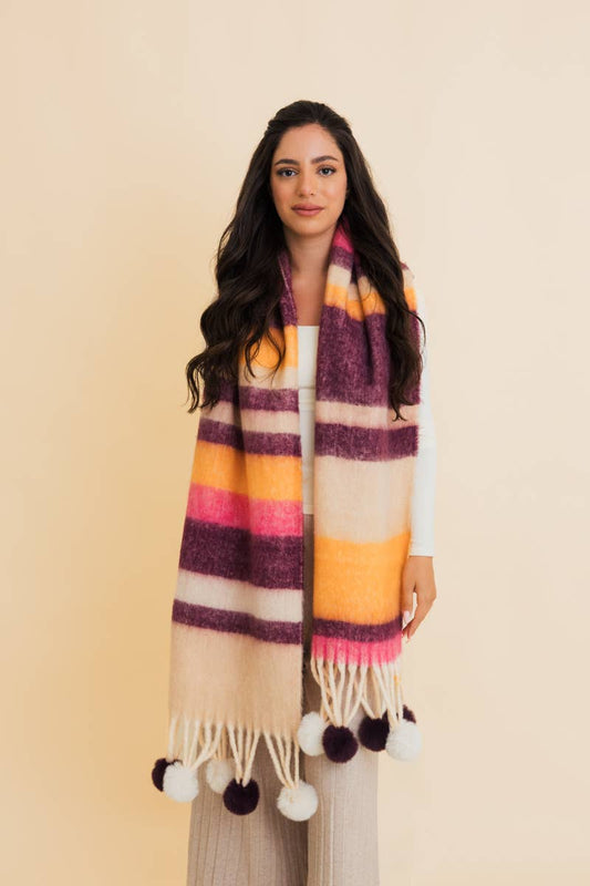 Contrast Color Stripes Chunky Pom Tassel Scarf Leto Accessories