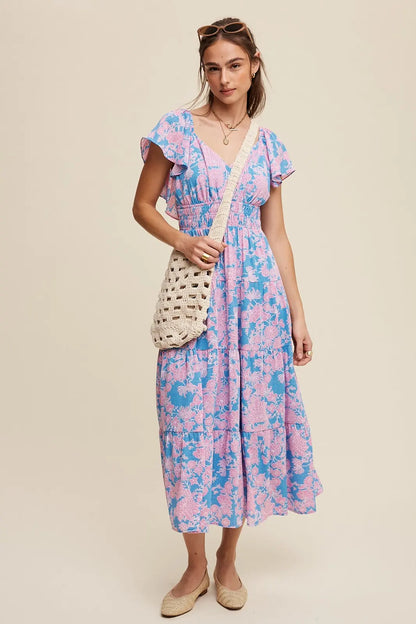 Ellie Blue Floral Dress With Flutter Sleeves shopedithchloe Dress