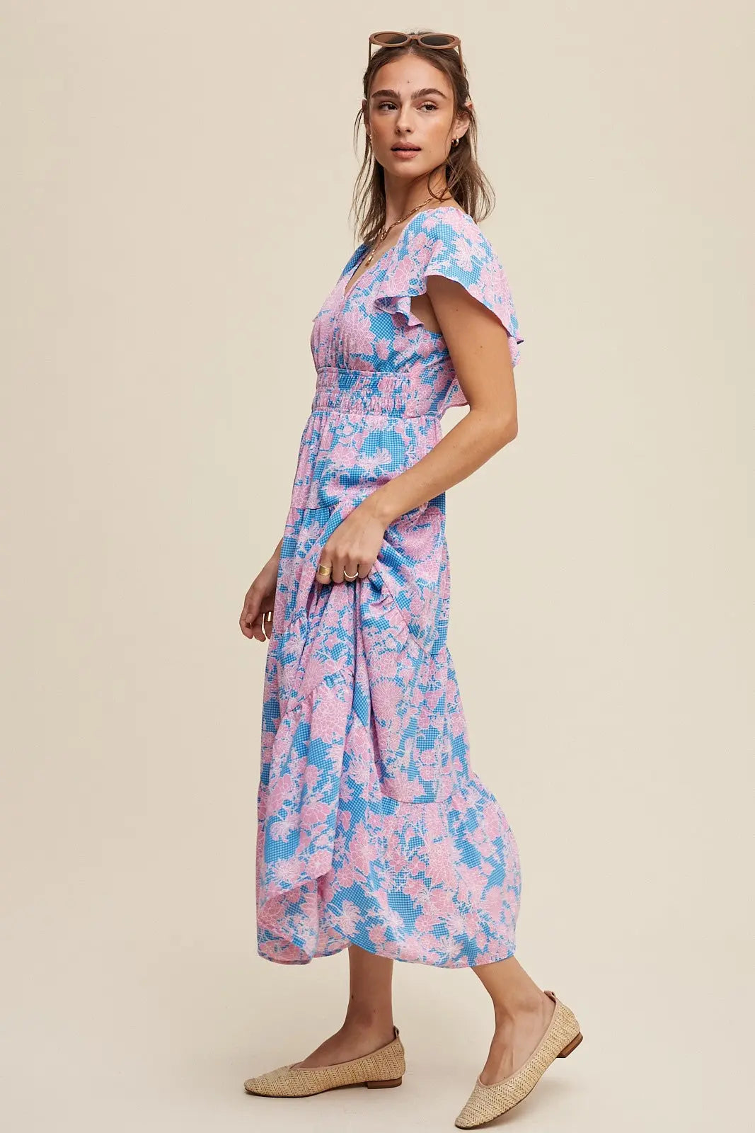 Ellie Blue Floral Dress With Flutter Sleeves shopedithchloe Dress