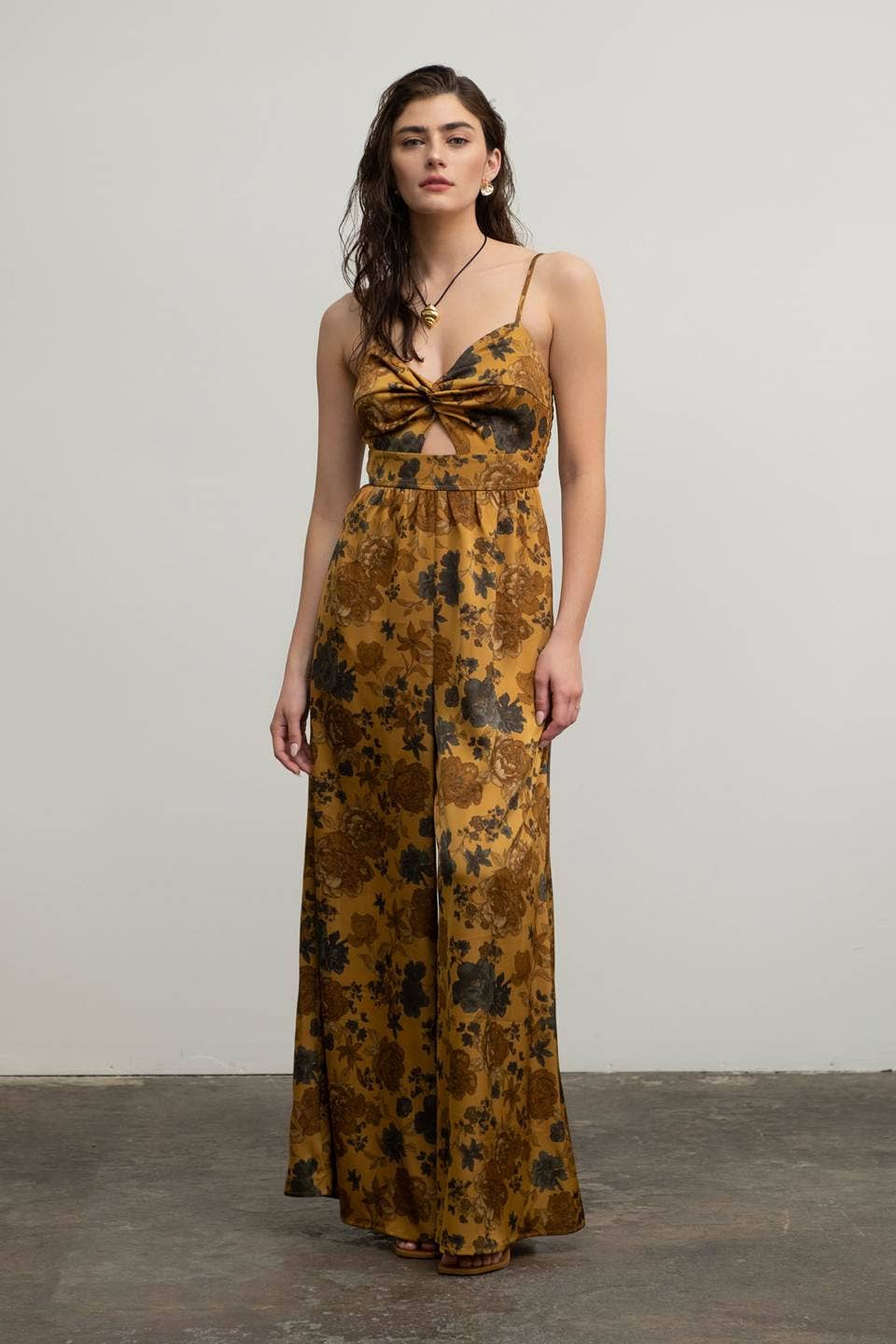 Gold Satin Jumpsuit Floral Twist Front WIDE LEG SLEEVELESS Blu Pepper