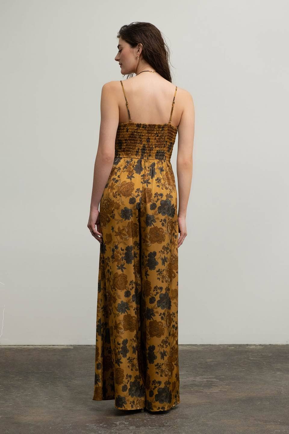 Back View Gold Satin Jumpsuit Floral Twist Front WIDE LEG SLEEVELESS Blu Pepper