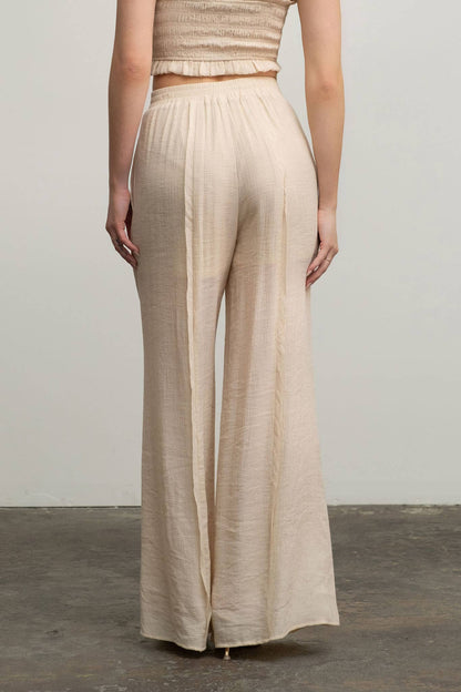 Back Side View HIGH WAIST WIDE LEG PINTUCK PANTS: LIGHT TAUPE Blu Pepper 2