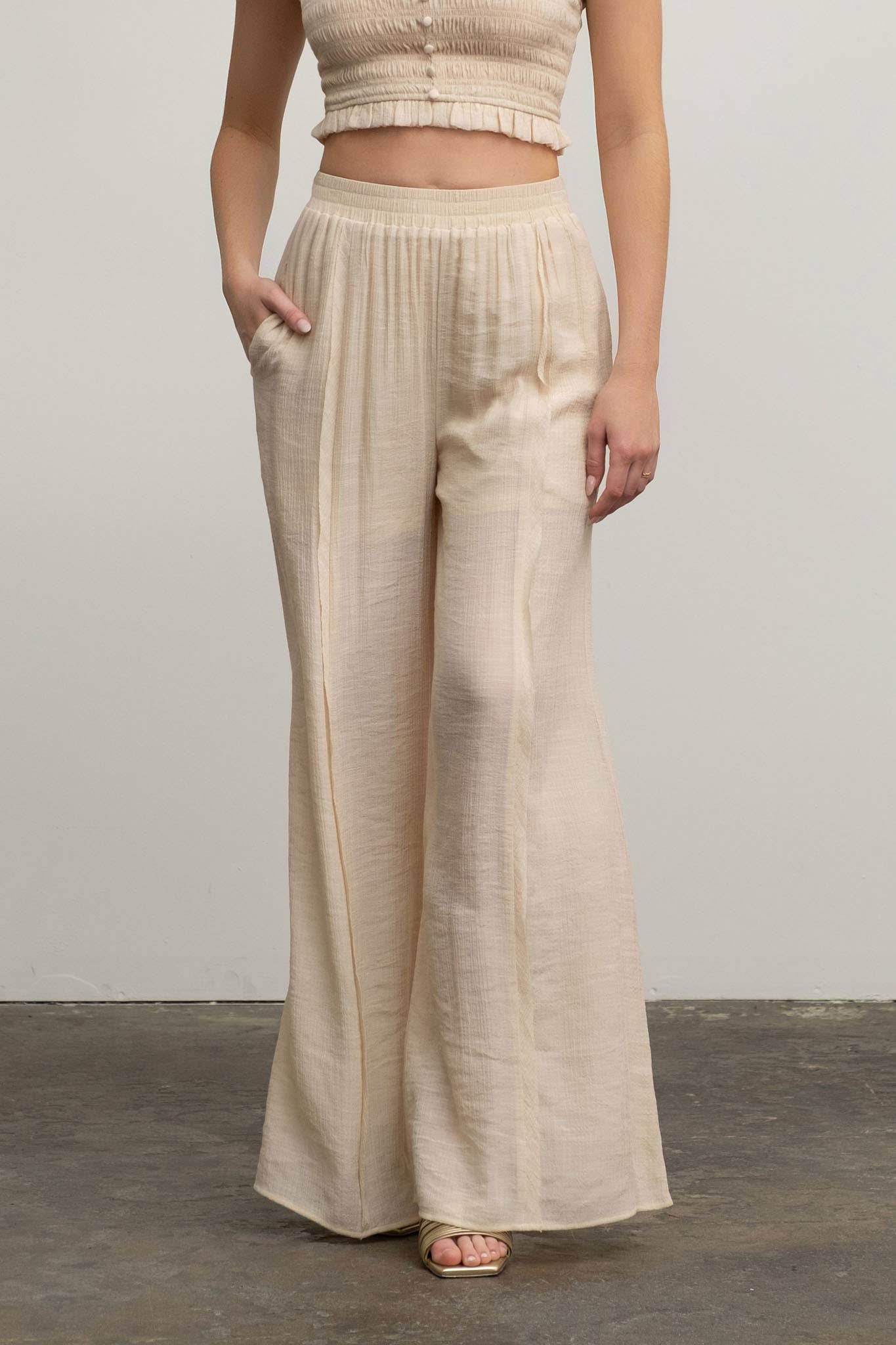 Hand in Pocket Front View HIGH WAIST WIDE LEG PINTUCK PANTS: LIGHT TAUPE Blu Pepper