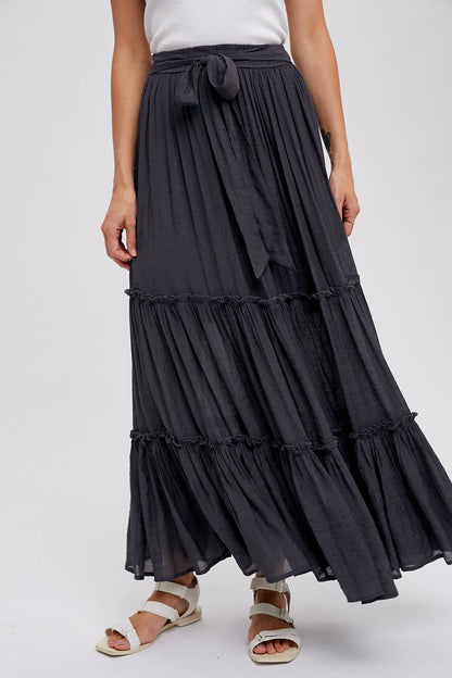 TIERED RUFFLE FLOWY MAXI SKIRT: ASH / L Bluivy