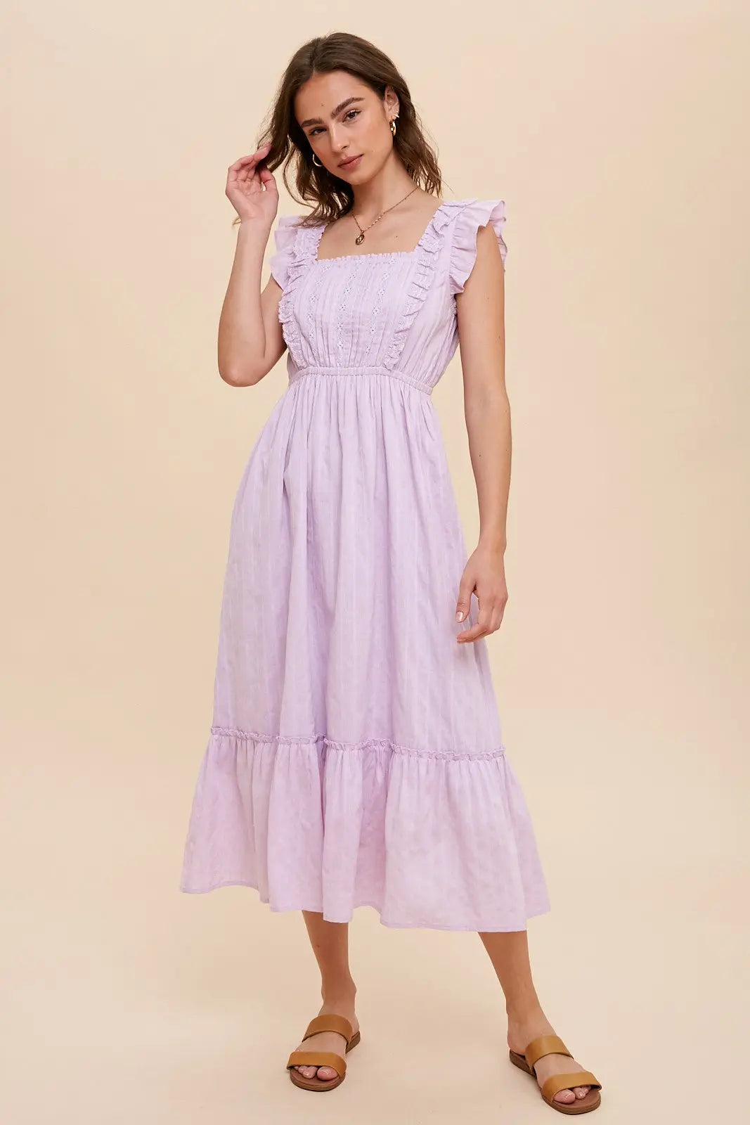 Lilac Dress With Lace Detail and Flutter Sleeves shopedithchloe Clothing