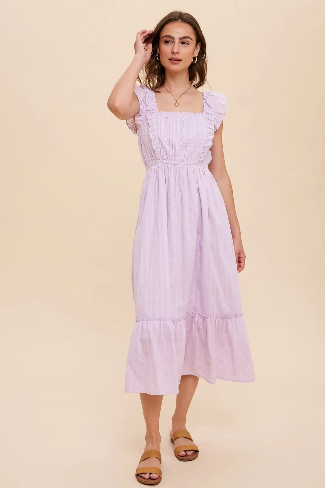 Lilac Dress With Lace Detail and Flutter Sleeves shopedithchloe Clothing