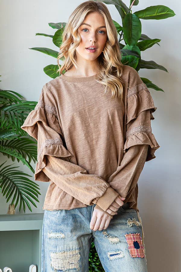 Mineral washed ruffle crochet sleeves detail blouse - MT1567: MOCHA / M Oli&Hali