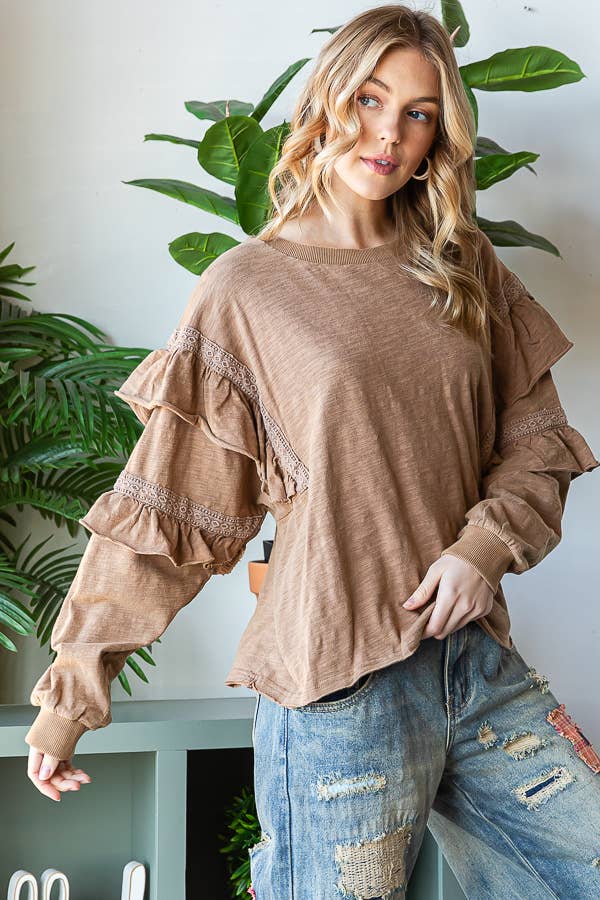 Mineral washed ruffle crochet sleeves detail blouse - MT1567: MOCHA / M Oli&Hali