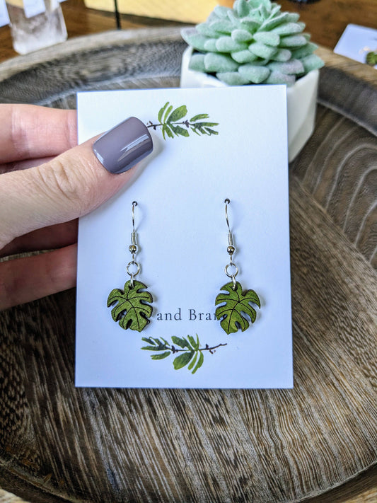Mini Monstera Leaf Dangle Earrings Plant Lover Earrings: Silver Stag and Branch