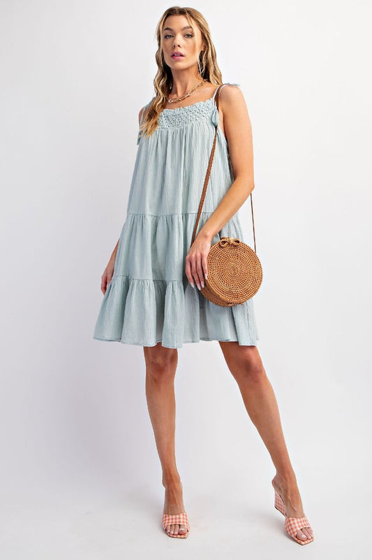 Mint Blue Bohemian Dress With Tie Shoulders Ruffles and Tassels Easel Brand