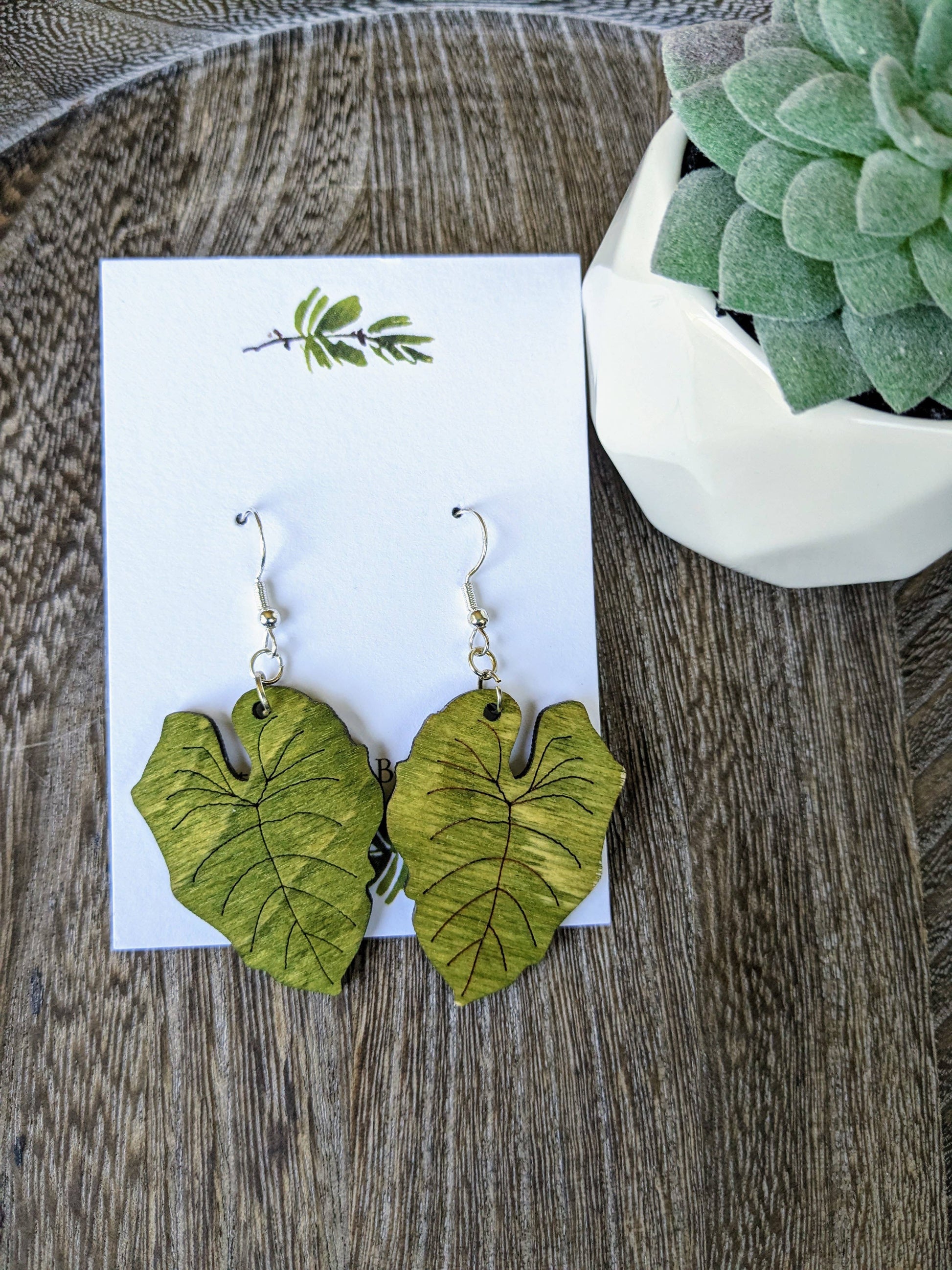 Philodendron Wood Earrings | Philodendron Gloriosum Leaf Ear: Silver Stag and Branch