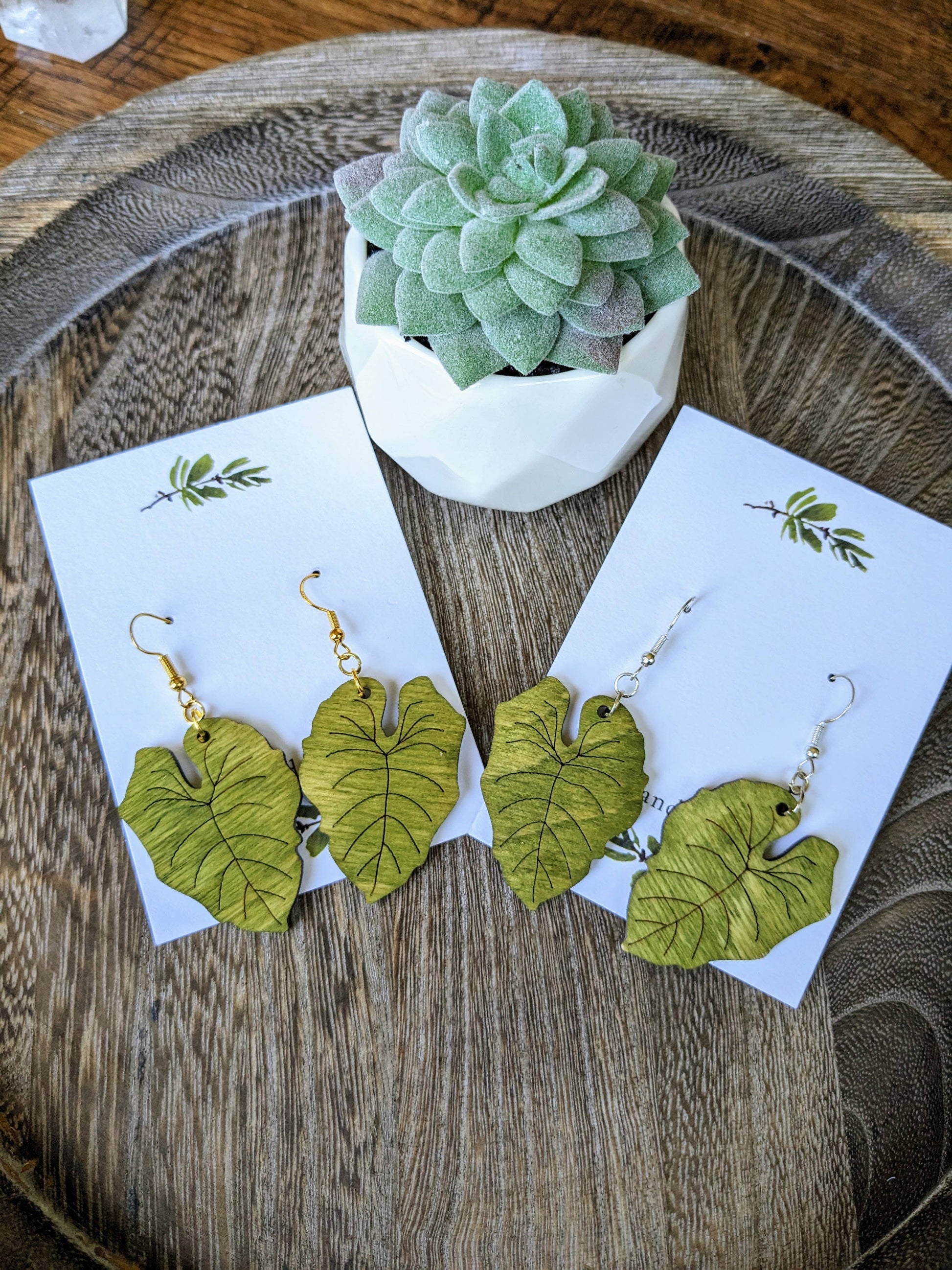 Philodendron Wood Earrings | Philodendron Gloriosum Leaf Ear: Silver Stag and Branch