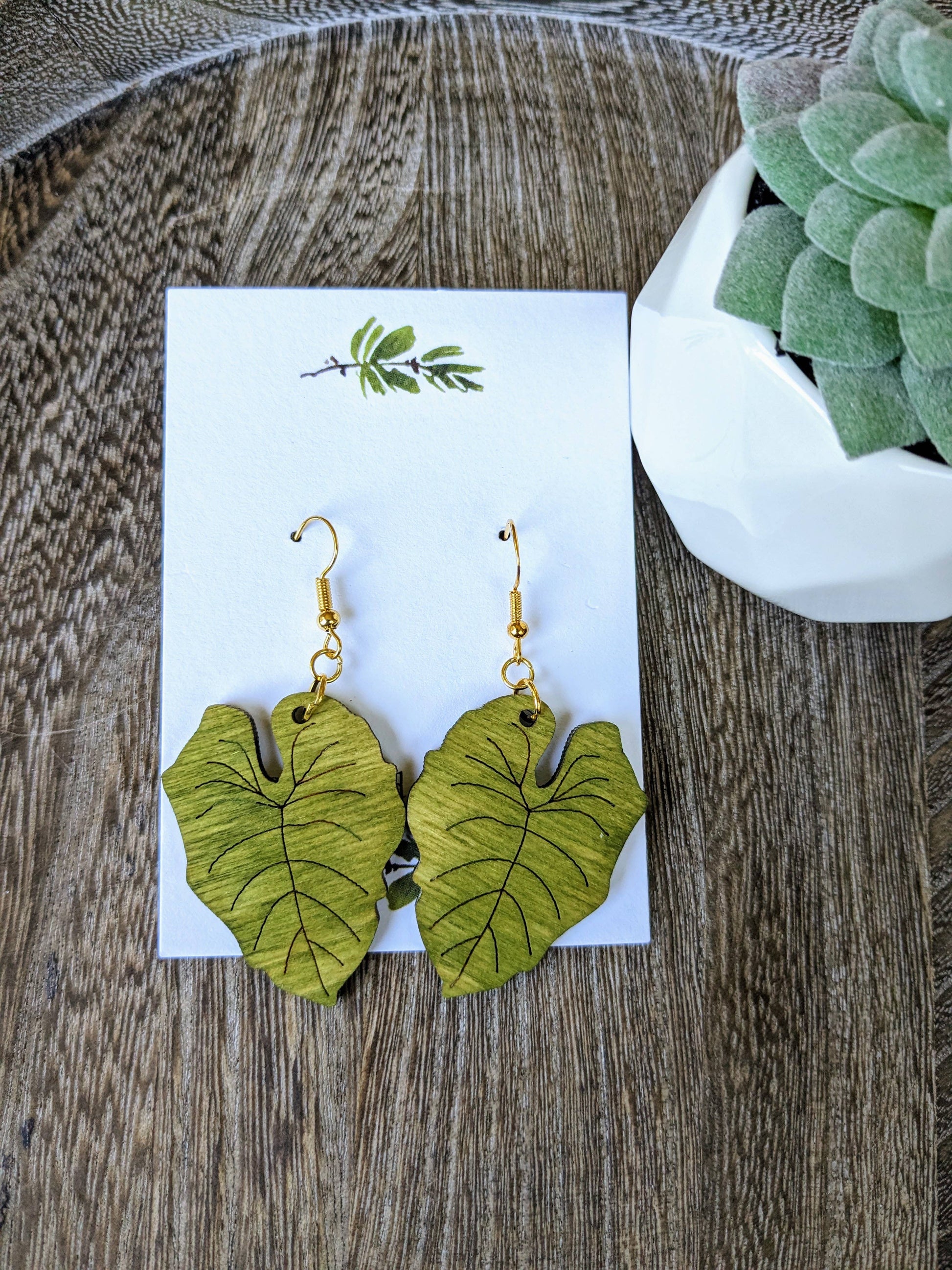 Philodendron Wood Earrings | Philodendron Gloriosum Leaf Ear: Silver Stag and Branch