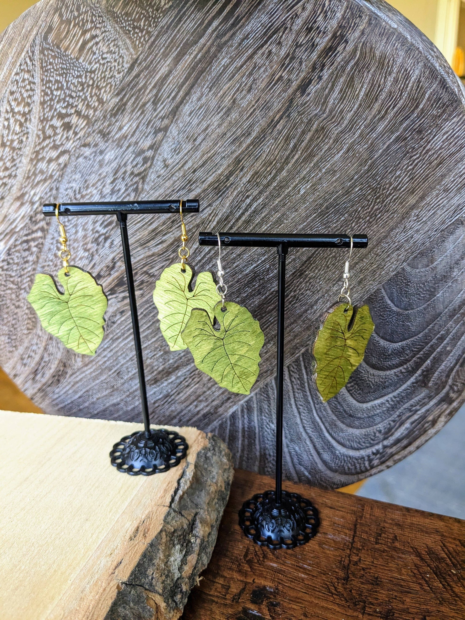 Philodendron Wood Earrings | Philodendron Gloriosum Leaf Ear: Silver Stag and Branch