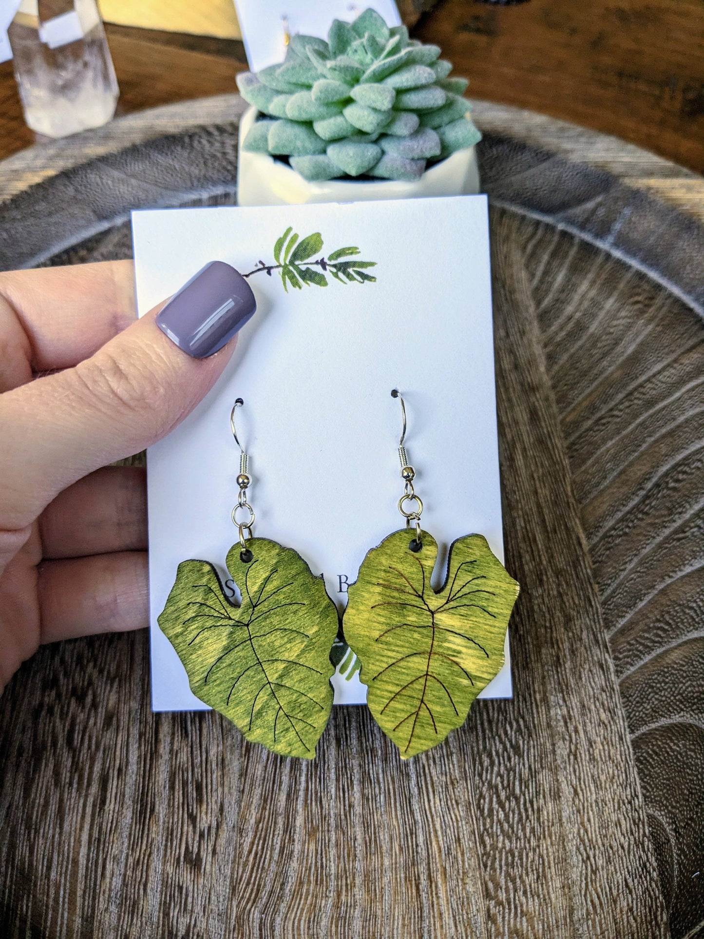 Philodendron Wood Earrings | Philodendron Gloriosum Leaf Ear: Silver Stag and Branch