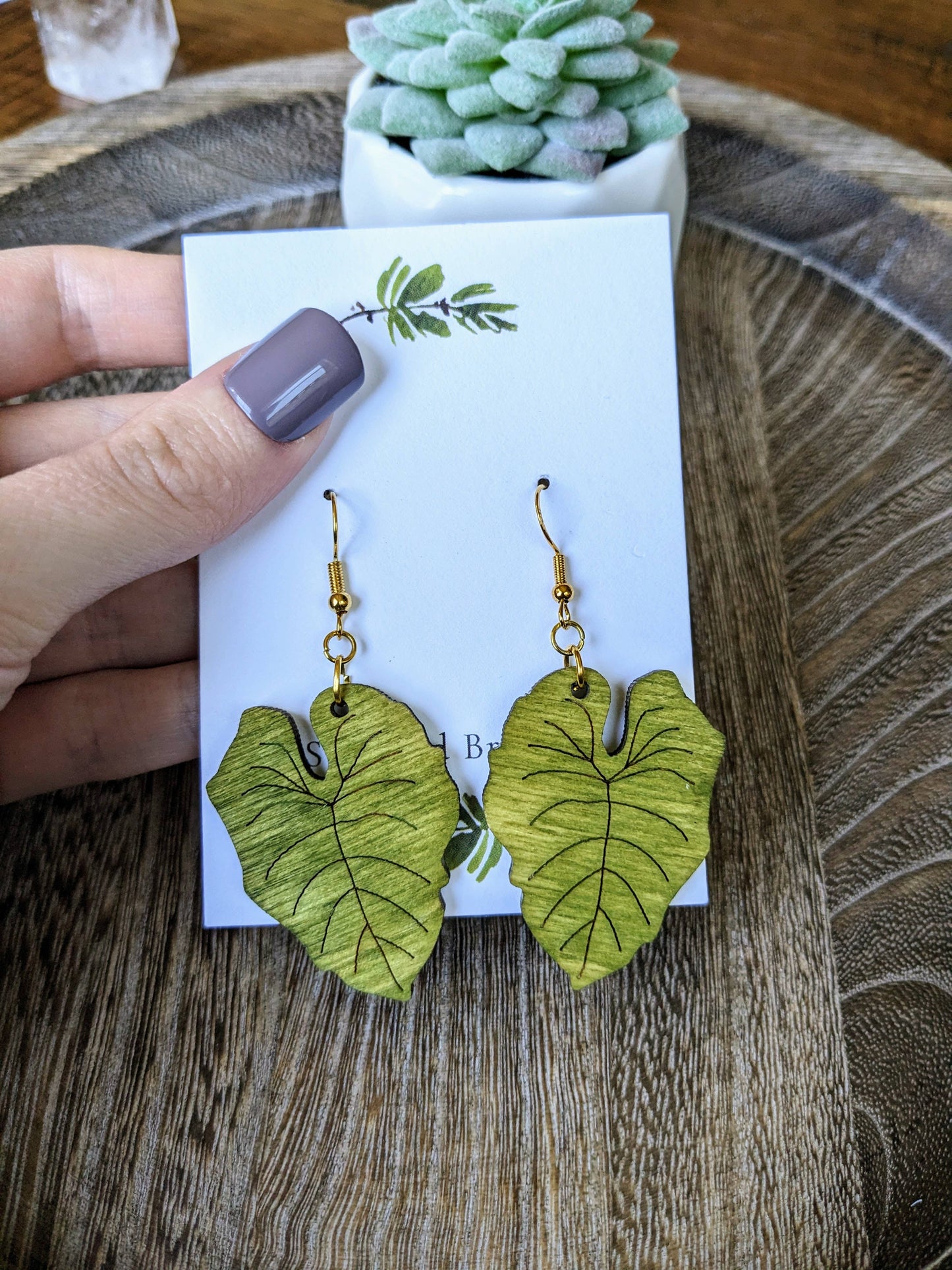 Philodendron Wood Earrings | Philodendron Gloriosum Leaf Ear: Silver Stag and Branch