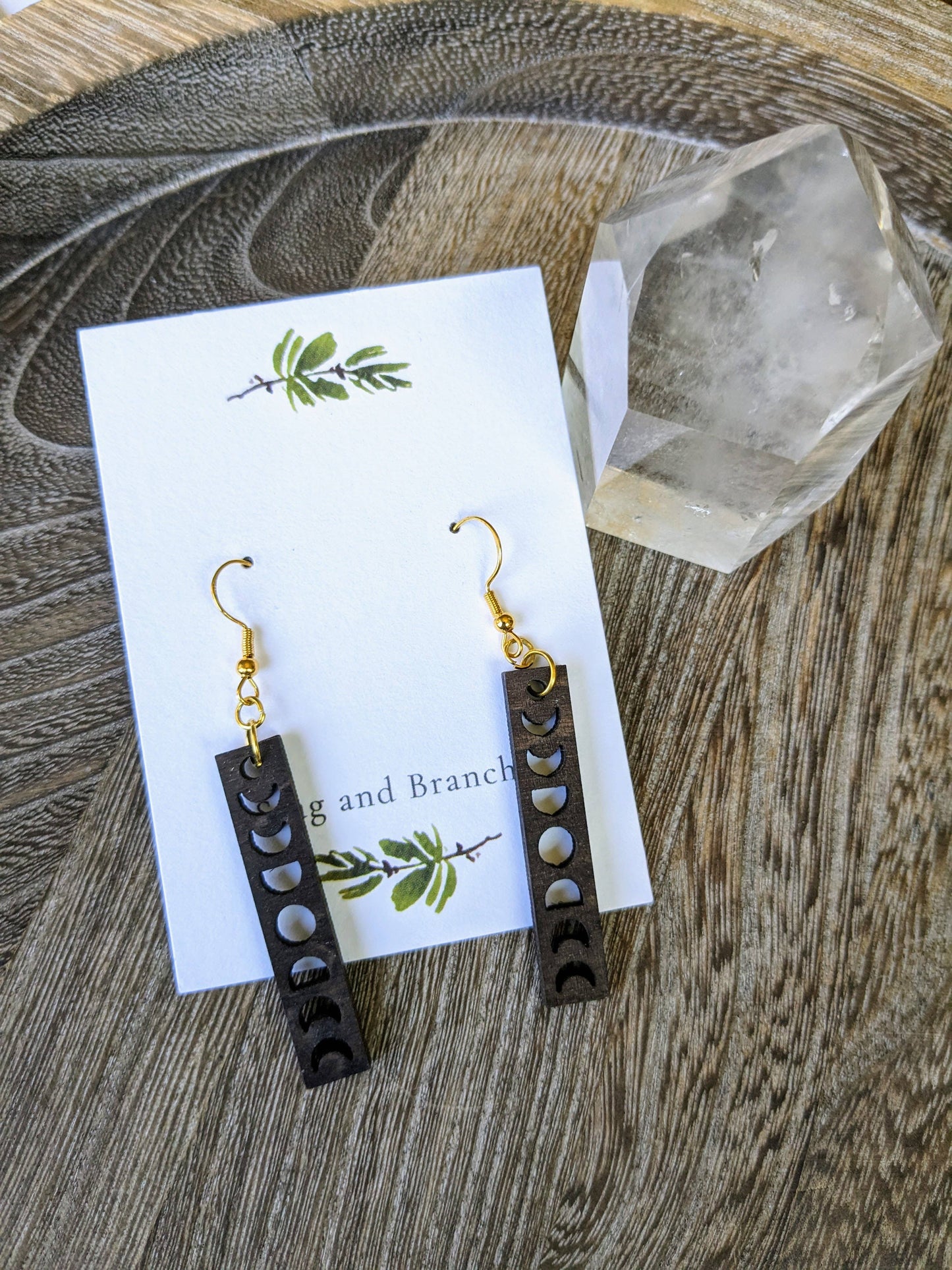 Small Wooden Moon Phase Dangle Earrings | Full Moon, Half Mo: Silver Stag and Branch