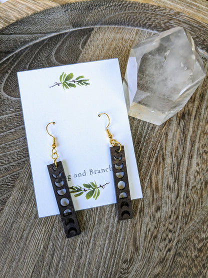 Small Wooden Moon Phase Dangle Earrings | Full Moon, Half Mo: Silver Stag and Branch