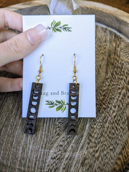 Small Wooden Moon Phase Dangle Earrings | Full Moon, Half Mo: Silver Stag and Branch