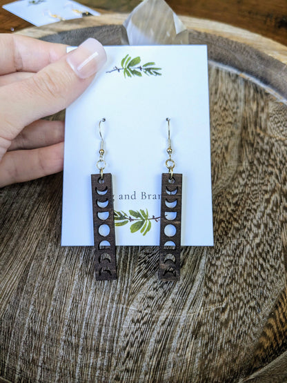 Small Wooden Moon Phase Dangle Earrings | Full Moon, Half Mo: Silver Stag and Branch