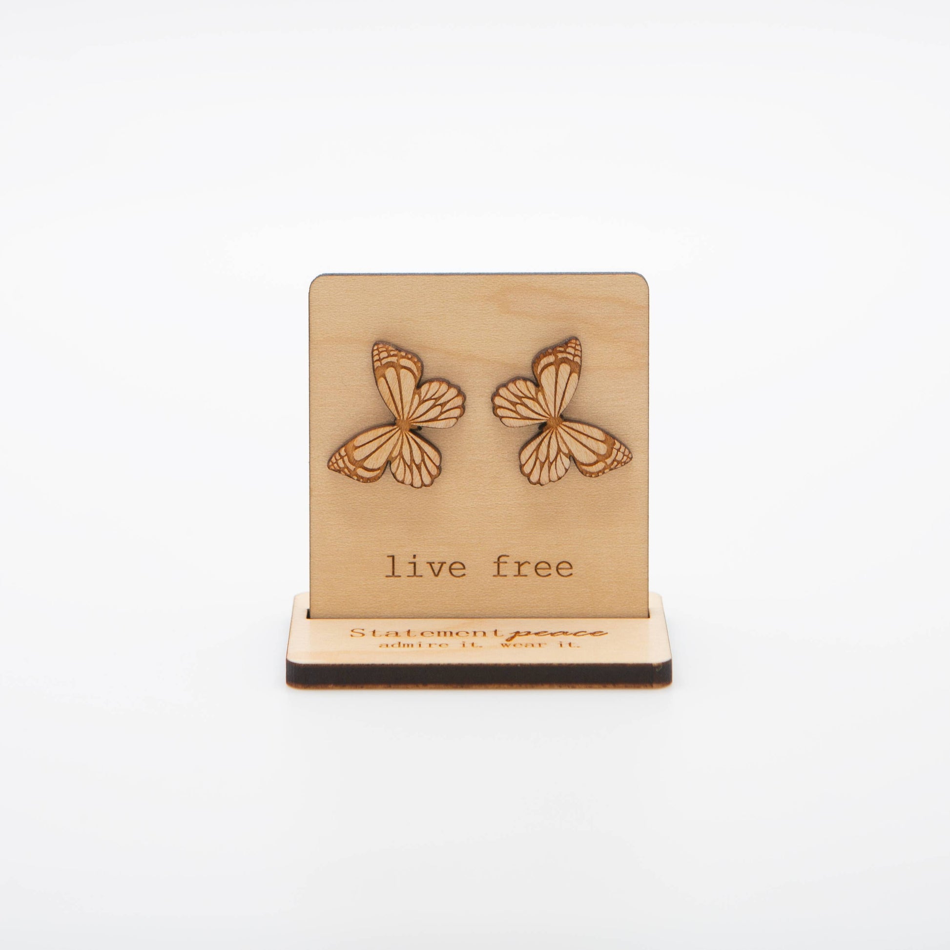 Wooden Butterfly Stud Earrings Sterling Silver + Wooden Display Statement Peace