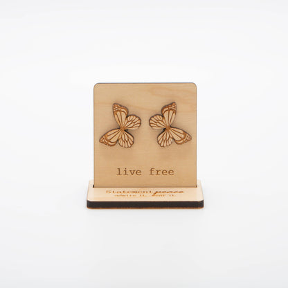 Wooden Butterfly Stud Earrings Sterling Silver + Wooden Display Statement Peace