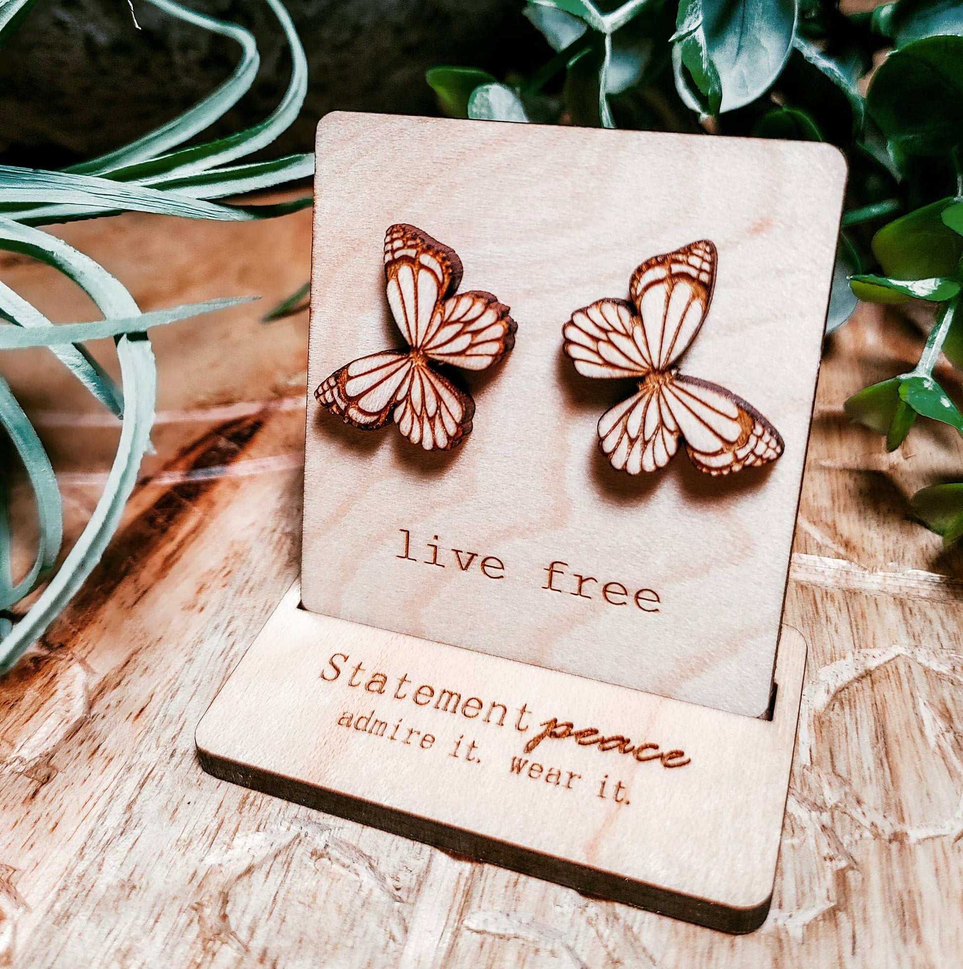 Wooden Butterfly Stud Earrings Sterling Silver + Wooden Display Statement Peace