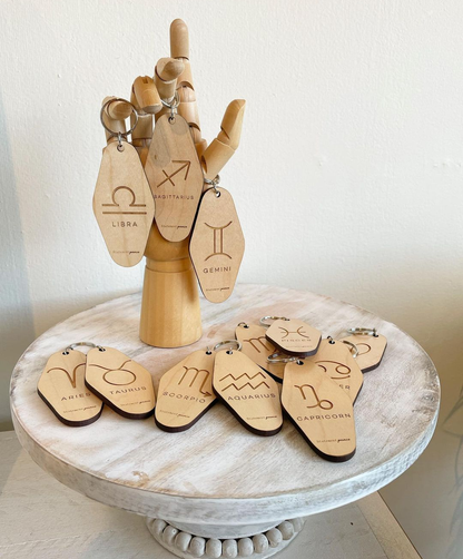 Wooden Retro Hotel Zodiac Keychain Set Horoscope Statement Peace