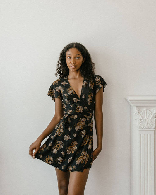 Black & Gold Ophelia Wrap Dress in Snakes & Chrysanthemums Bohemian Dress Ectogasm