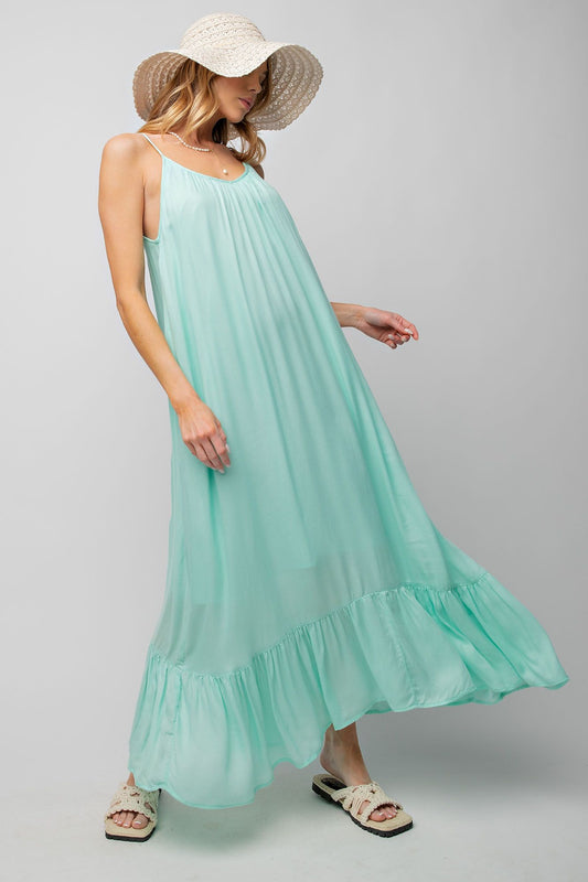 Mint Blue Maxi Dress Flowy Bohemian Summer Dress Showing Ruffle Hem