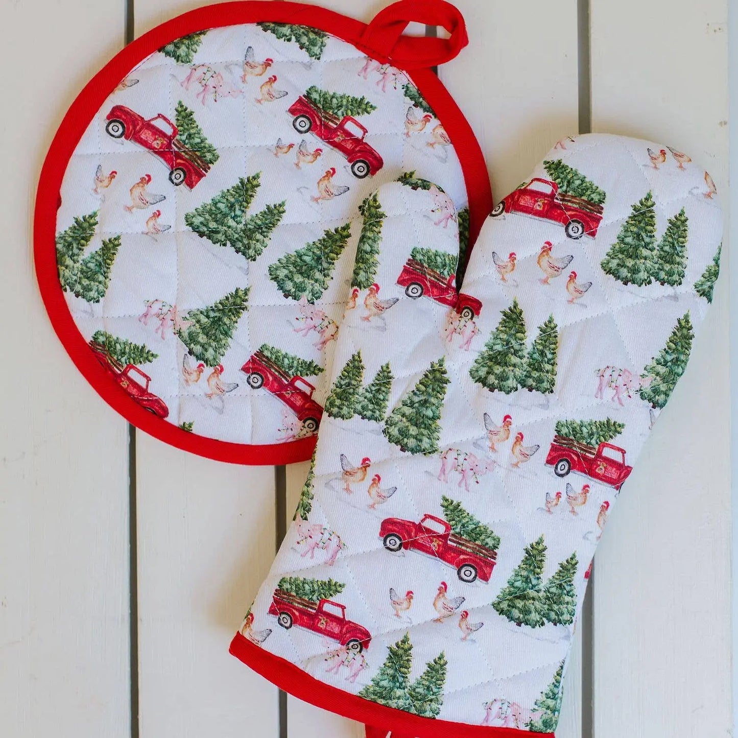 Red Truck and Tree Oven Mitt and Potholder Set Mary Square