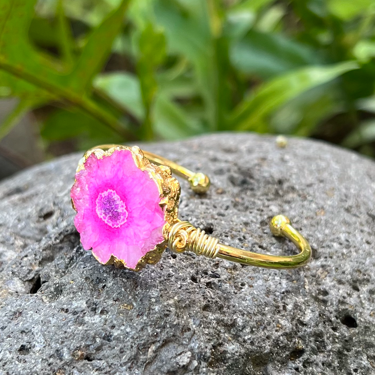 Pink Geode Gemstone Gold Bangle Cuff Bracelet "Energetic Balance" Moon Child